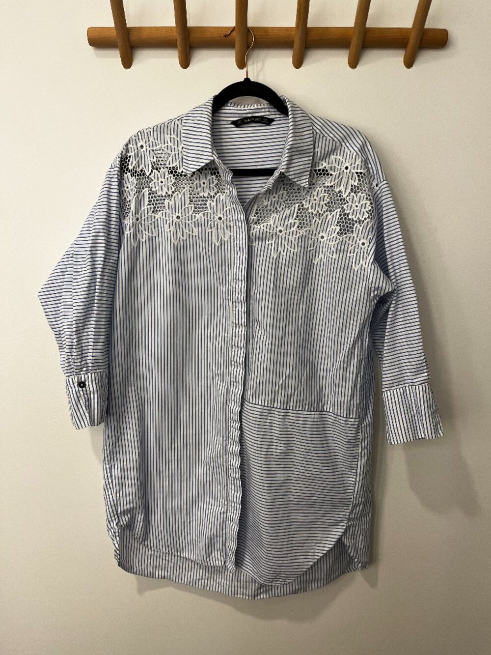 Zara 100% Cotton Shirt Dres with Asymmetrical Pattern & Lace Cut Outs